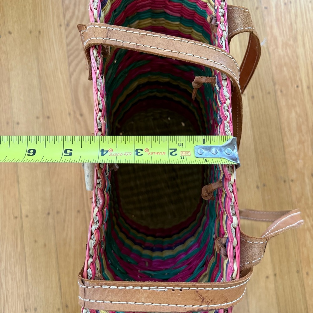 Vintage Woven Raffia Bucket Tote Multicolor with Leather Trim - Picture 7 of 13